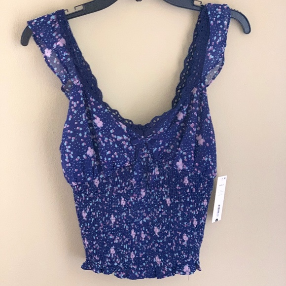 Aqua Tops - ⭐️HOST PICK⭐️ Aqua LACE TRIM SMOCKED CROP TOP - Blue with Pink Accents